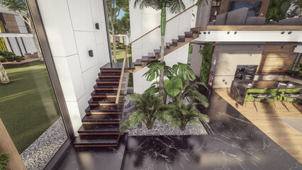 3d rendering of expensive cozy interior with green walls stair and kitchen