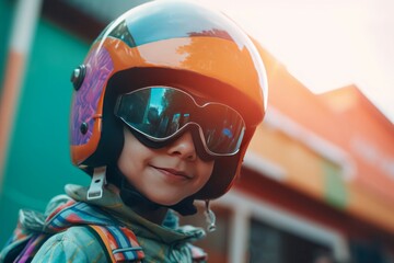 Child with helmet and glasses. Flight goggles and protective avia helmet. Generate ai - obrazy, fototapety, plakaty