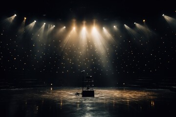 Concert stage with a microphone in the light of spotlights. Performance - obrazy, fototapety, plakaty