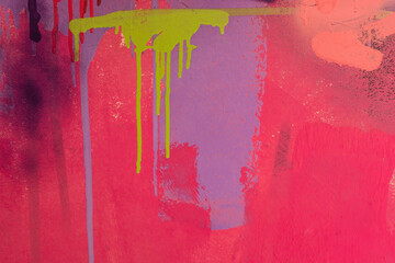 Messy paint strokes and smudges on an old painted wall. Pink, purple, yellow, blue color drips,...