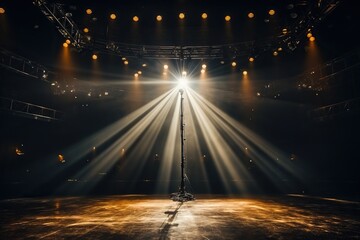 Concert stage with a microphone in the light of spotlights. Performance - obrazy, fototapety, plakaty