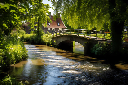 footbridge over canal or stream, creek or brook with serene sun dappled beautiful homes, gardens and trees