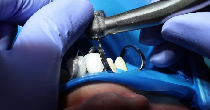 Dentist fixes veneer on patient teeth using metal braces closeup. Dental services and installation of implants