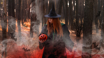 Halloween, red-haired Witch in the dark forest. A girl in the smoke performs witchcraft.