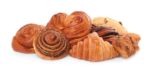 Different tasty freshly baked pastries isolated on white