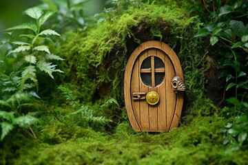 Little magic wooden fairy doors and plants leave on a mossy natural green background.