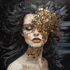Beautiful young woman with creative make-up and broken glass.
