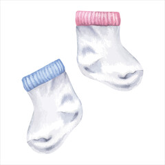 Baby Socks pair Vector illustration. Hand drawn graphic clip art on isolated white background. Watercolor drawing of pastel pink and blue clothes for boy and girl. Cute kids things