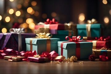 Group of Realistic 3D pile of Multicolored gift boxes with red Ribbons. for Birthday or Christmas and new year Celebration.	