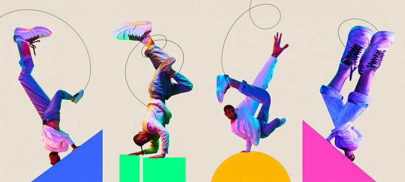 Banner. Contemporary art collage. Modern artwork. Set made of posters with energetic cool man hip-hop dancer with huge legs in mixed neon light, filter performing dance moves.