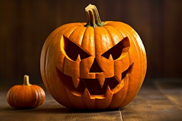 Smiling pumpkin jack-o'-lantern for Halloween holiday. Generative AI