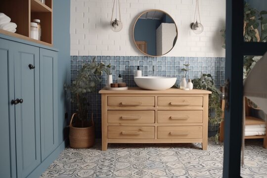 Close-up of a farmhouse bathroom with white and blue tones, wooden washbasin, sink, mirror, paper door, carpet, tiles, and decors. Generative AI