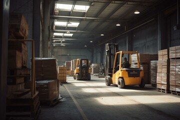 Inside an industrial warehouse, workers and forklifts operate in the storage area. Generative AI - obrazy, fototapety, plakaty