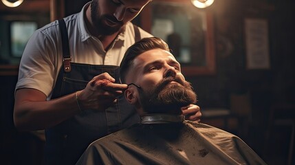 A skilled barber carefully shapes a gentleman's beard and mustache. Grooming, precision, beard styling, male self-care, meticulous attention to detail. Generated by AI.