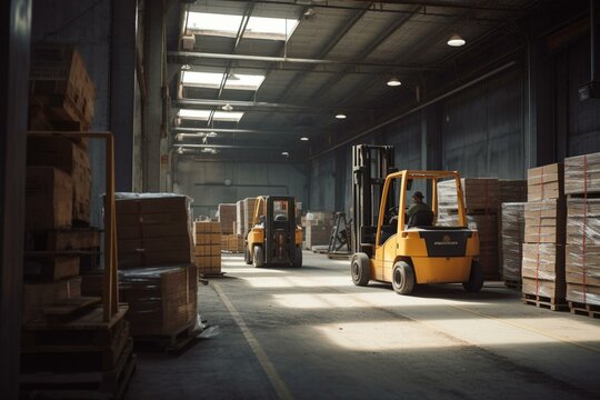 Inside an industrial warehouse, workers and forklifts operate in the storage area. Generative AI