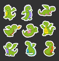 Happy funny green dragon. Sticker Bookmark. Cute character. Fairytale monsters. Hand drawn style. Vector drawing. Collection of design elements.