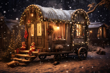 A magical winter scene with a Christmas decorated retro caravan, ready for a festive evening. generative Ai - obrazy, fototapety, plakaty