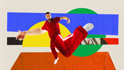 Poster . Contemporary art collage. Modern artwork. Energetic man dancer with huge, long legs and...