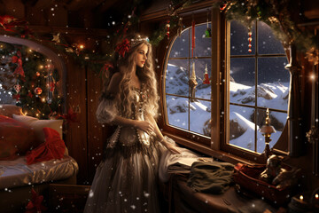 A magical majestic elf queen on a Christmas visit to an old mountain cabin. Christmas decorated room with a view of the snow-capped mountains from the window. Merry Christmas. AI digital art