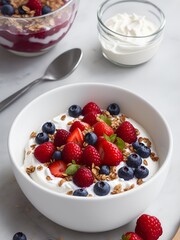 Healthy breakfasts. A delectable healthy breakfast made from Greek yogurt topping with berries fruits and granola.