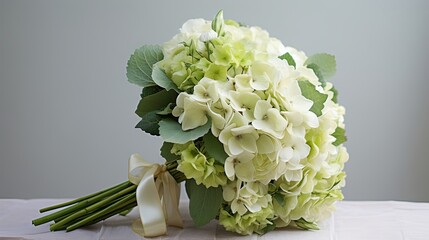 An elegant bouquet featuring white and green hydrangeas. Flowers, floral beauty, bouquet, white and green, sophistication, special occasion. Generated by AI.