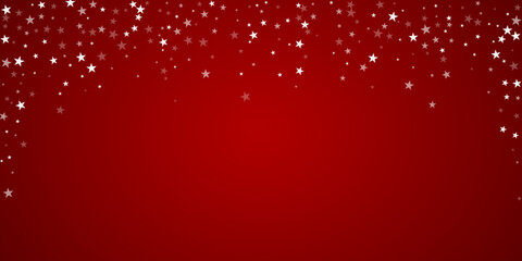 Magic falling snow christmas background. Subtle flying snow flakes and stars on christmas red background. Magic falling snow holiday scenery. Wide vector illustration.