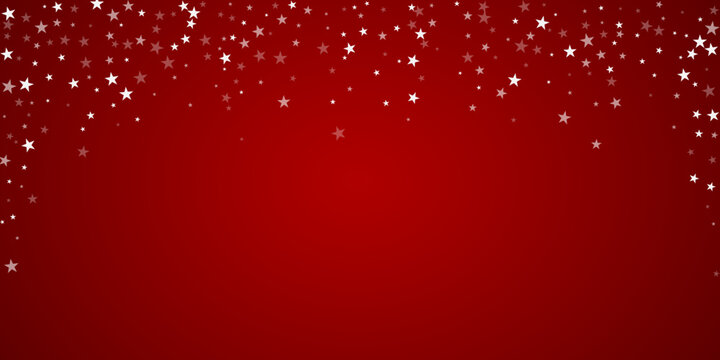 Magic falling snow christmas background. Subtle flying snow flakes and stars on christmas red background. Magic falling snow holiday scenery. Wide vector illustration.