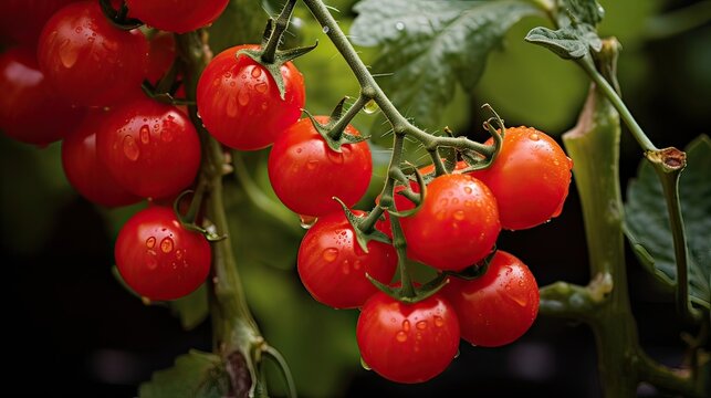 Vegetable, bunch, vibrant red currant tomatoes, on the vine, delightful, natural freshness, tangy, garden-fresh taste, burst of flavor. Generated by AI.