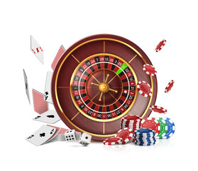 Casino roulette wheel with flying cards, poker chips and dice. Isolated on white background. - obrazy, fototapety, plakaty