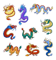 Traditional Japanese dragon. Asian and Eastern mythological creature. Hand drawn style. Vector drawing. Collection of design elements.