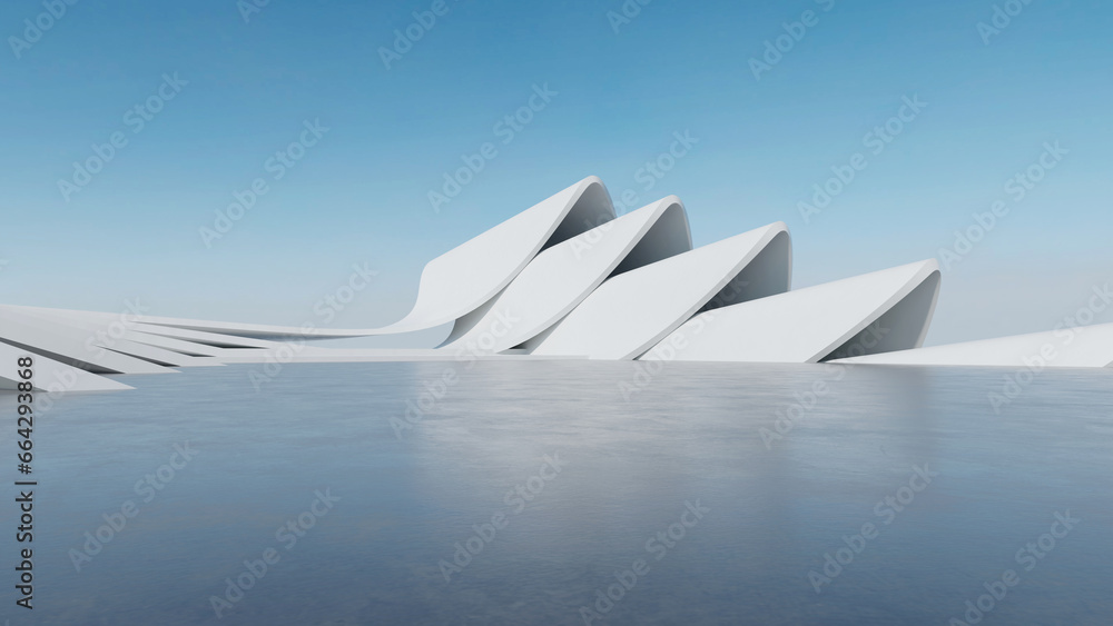Poster 3d render of abstract futuristic architecture with empty concrete floor. Scene for car presentation.