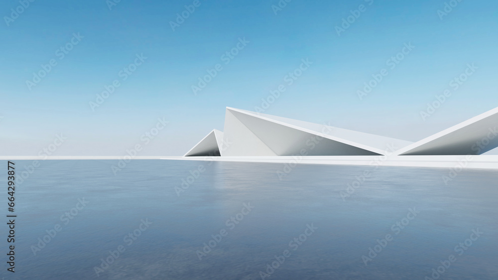 Poster 3d render of abstract futuristic architecture with empty concrete floor. Scene for car presentation.