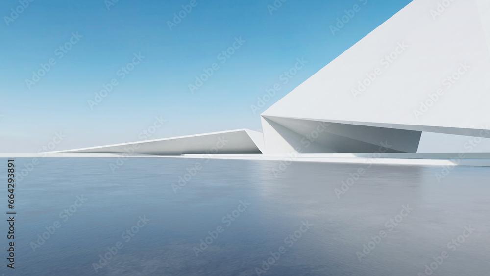Poster 3d render of abstract futuristic architecture with empty concrete floor. Scene for car presentation.