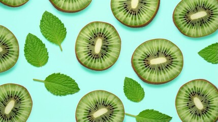 Slices of kiwi fruit and green mint leaves on a light pastel blue background. - obrazy, fototapety, plakaty