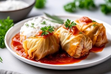 Stuffed cabbage with rice on a white table. - obrazy, fototapety, plakaty