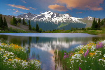 There is a lake on the hill, and on the other side of the lake is a high mountain, with snow piled up on the top of the mountain. Wildflowers are blooming in the fields, and mountains are reflected in