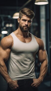 Massive and Muscular Man in a Gym. Fictional characters created by Generated AI.