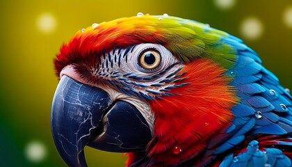 Tropical macaw perched, vibrant feathers in focus.