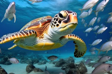 Obraz na płótnie Canvas Turtle closeup with school of fish.