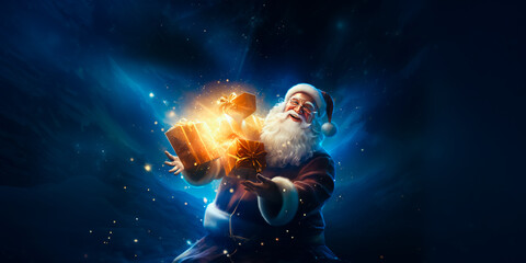 illustration of Santa Clause who flying in clouds with present. Christmas fairytale. Christmas time