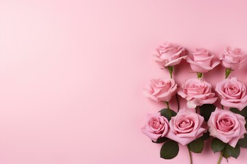 Lovely pink roses on a pink background, viewed from above. A template for greeting cards. Generative AI
