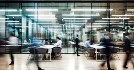 hustle and bustle of corporate professionals in a modern office space, visualized with long-exposure - obrazy, fototapety, plakaty