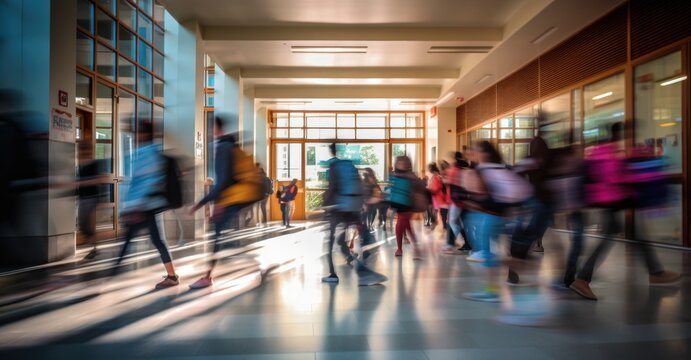 Blurry motions of students and educators rushing through school halls.
