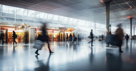 Fototapeta premium travelers in motion at a bustling airport terminal, rendered with long-exposure techniques