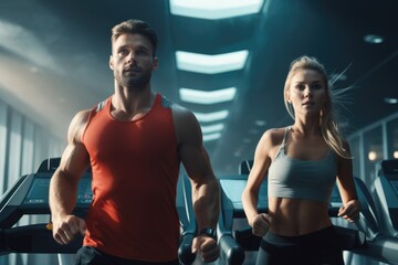 Fototapeta na wymiar Sexy fitness models showcasing their toned physiques at the gym. Fictional characters created by Generated AI.