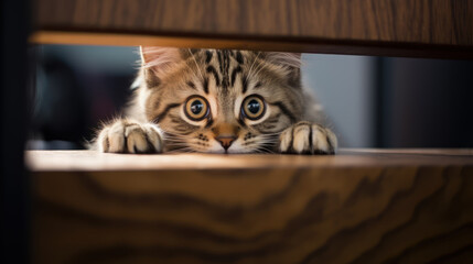 a fluffy, frightened young cat with big eyes looks out through the gap