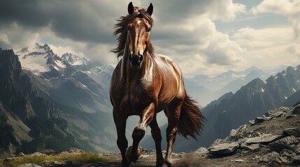 A dramatic portrayal of a horse rearing up on a mountain cliff, capturing the beauty and strength of this majestic creature.