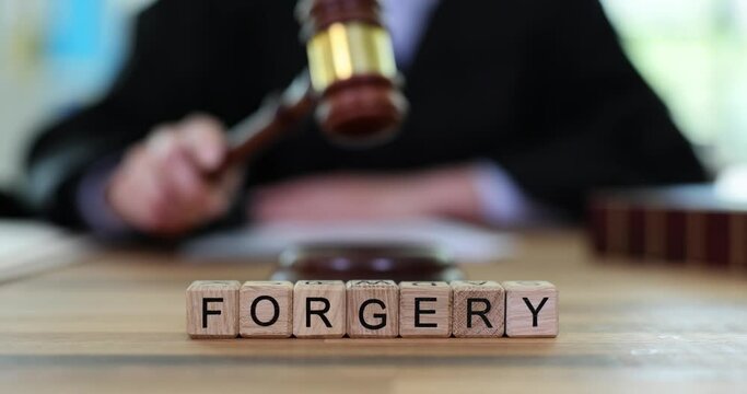 Judge forging words with gavel in court. Falsification of evidence