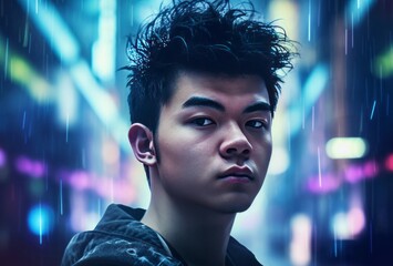 Chinese man cyberpunk. Asian young guy posing on neon background. Generate ai