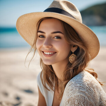Beautiful young cheerful girl in hat rests at morning beach